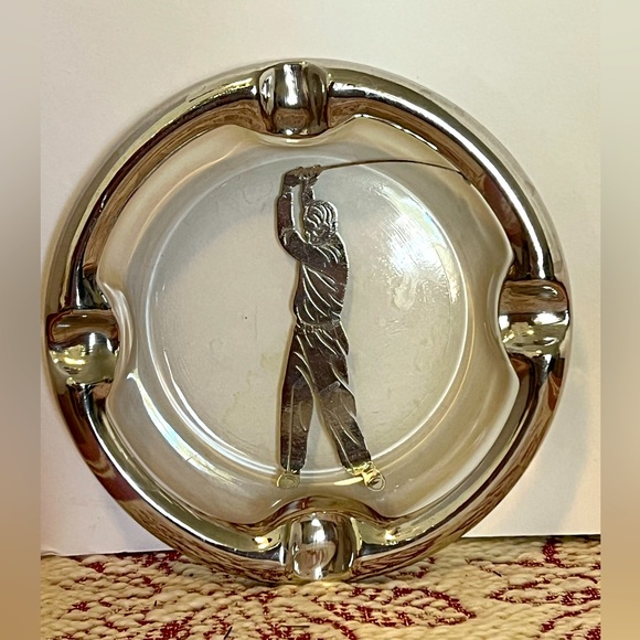 Art Deco Glass Ashtray with Sterling Overlay of a Golfer Swinging a Club - Picture 1 of 7